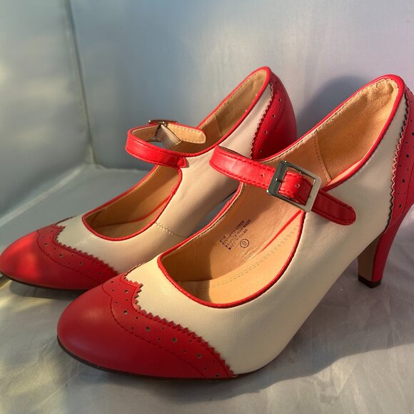 J. Adams 3" retro mary jane‎ pumps in coral and white spectators, size 9, new - Picture 1 of 4